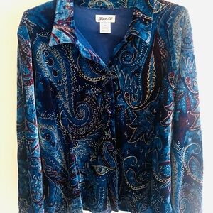 Vintage Y2K Sante Women’s Velvet Burnout Shirt XL Paisley Button Blue Gold